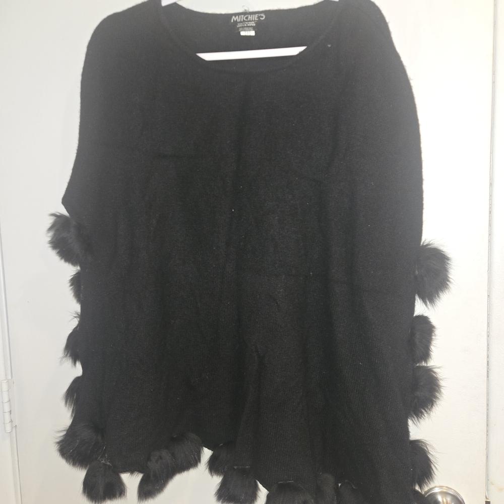 Mitchies Women's Black Wool Sweater Poncho with Fur Accents